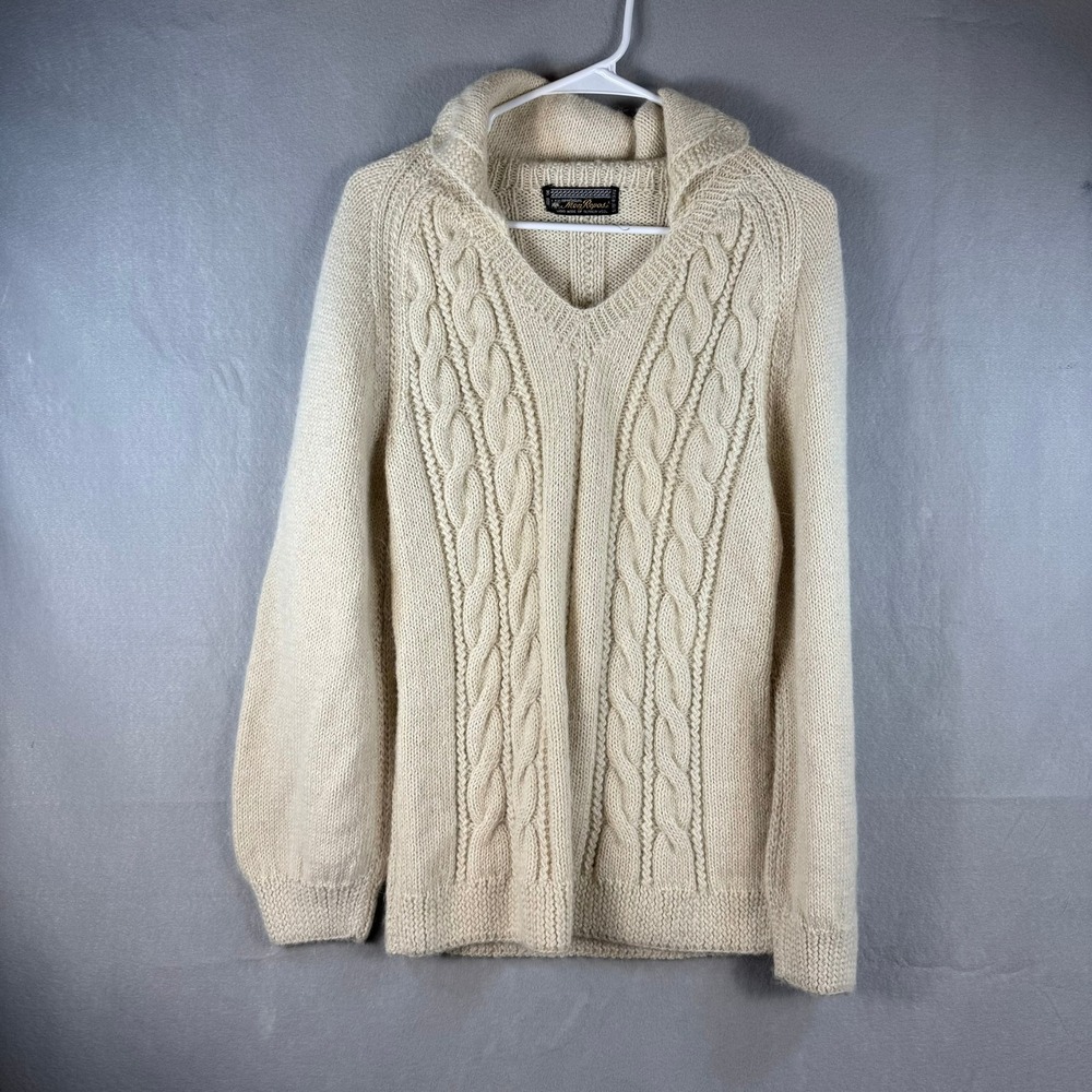 Mon Repos Vintage Hand Made Alpaca Wool Cable Knit Shawl Collar Sweater Cream